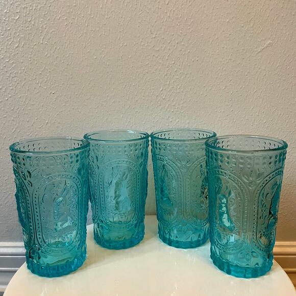 Easter Bunny Embossed Hobnail Victorian Heavy Drinking Glasses Set 4 Blue New - Picture 14 of 16